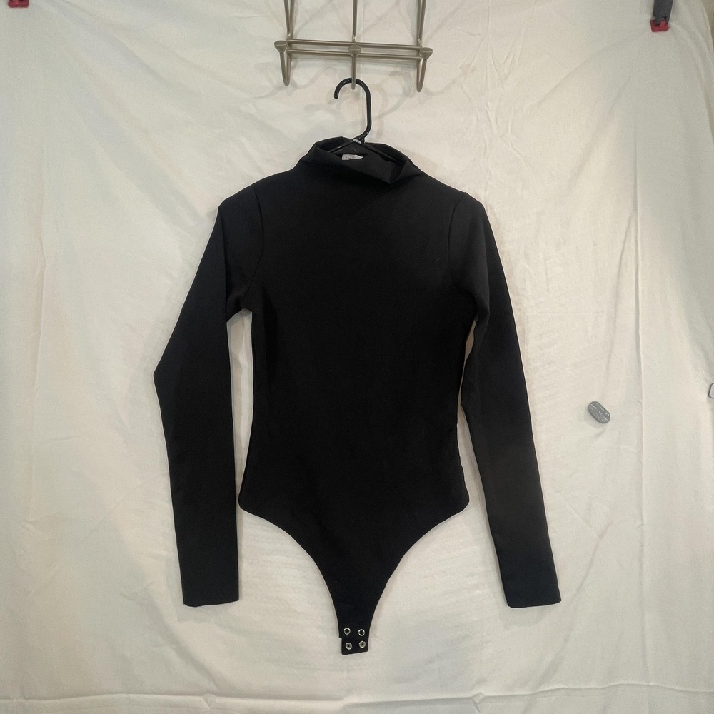 Good American Bodysuit Womens Large Black Long Sleeve Mock Neck Snap Closure